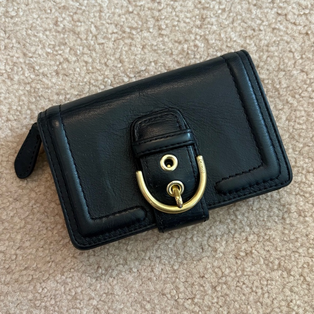 Coach Black Leather Wallet with Gold Buckle